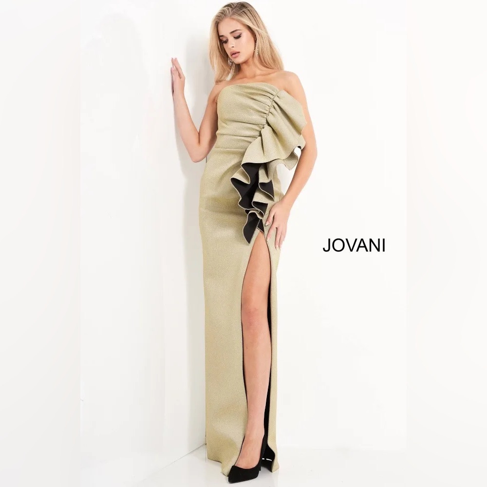 Jovani Strapless Gold Gown with Black Accent